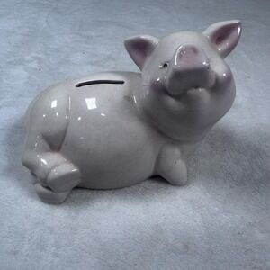 Ceramic Piggy Bank Coin Money Box Cute White Pink‎ Pig Figurine 6 Inch Decor